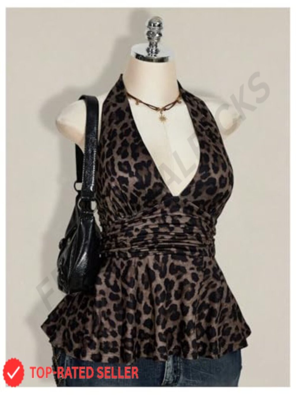 Plus Size Leopard Halter Peplum Top Ruched Ruffle Backless Party Top - Picture 3 of 4